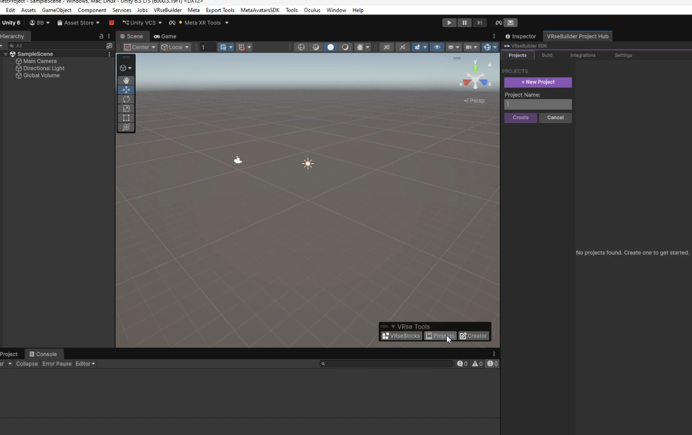 VRse Tools widget at the bottom of the Unity Editor with Projects highlighted