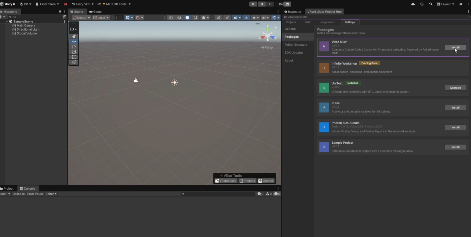 VRseBuilder Project Hub — Settings → Packages showing VRse MCP with Install button highlighted