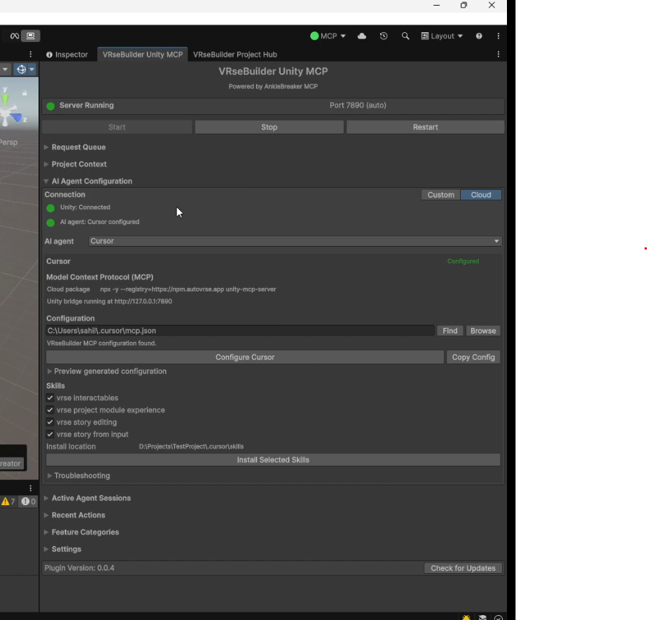 VRseBuilder Unity MCP dashboard showing Server Running, port 7890, Unity Connected, AI agent Cursor Configured, and the Configure Cursor button