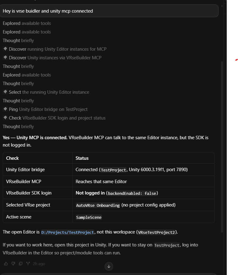 Cursor chat showing MCP tool calls firing — Discover running Unity Editor instances, Ping Unity Editor bridge, Check VRseBuilder SDK login — and a status table confirming Unity MCP is connected