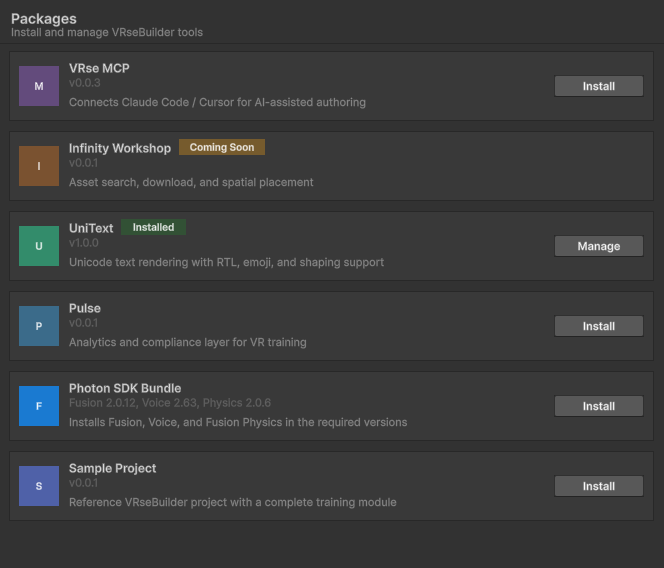 VRseBuilder Packages tab showing available tools