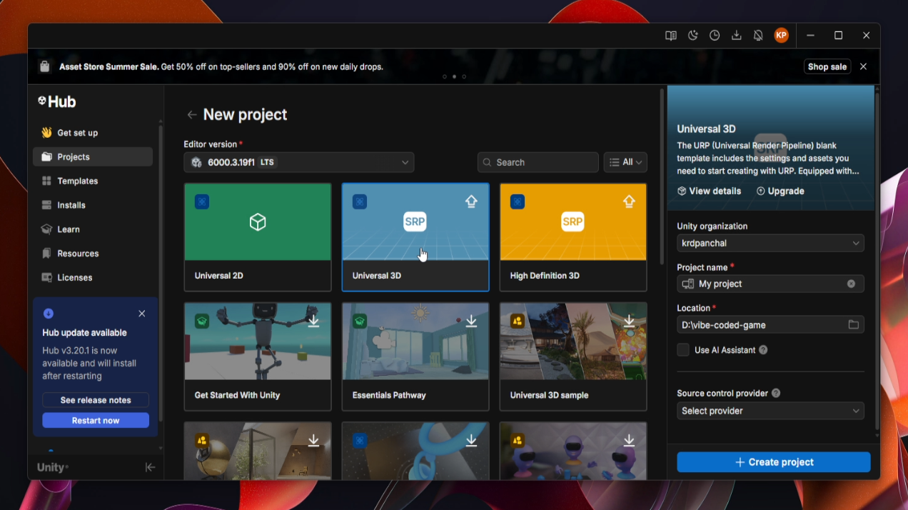 Unity Hub new project screen with the Universal 3D template selected