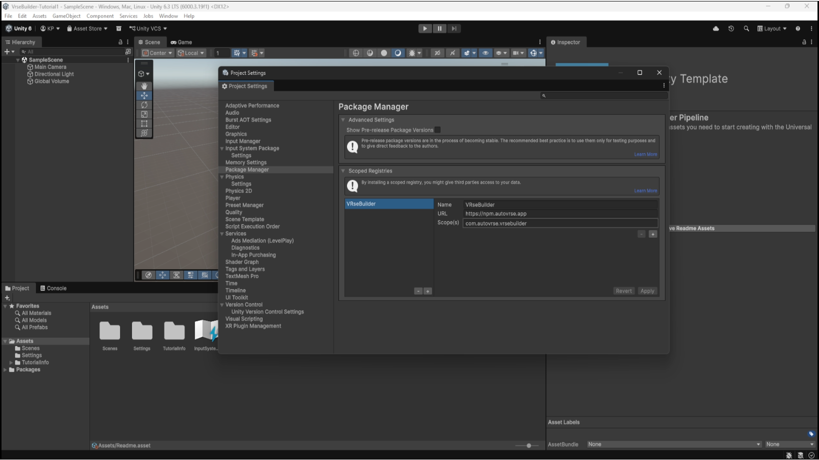 Unity Package Manager scoped registry settings for VRseBuilder