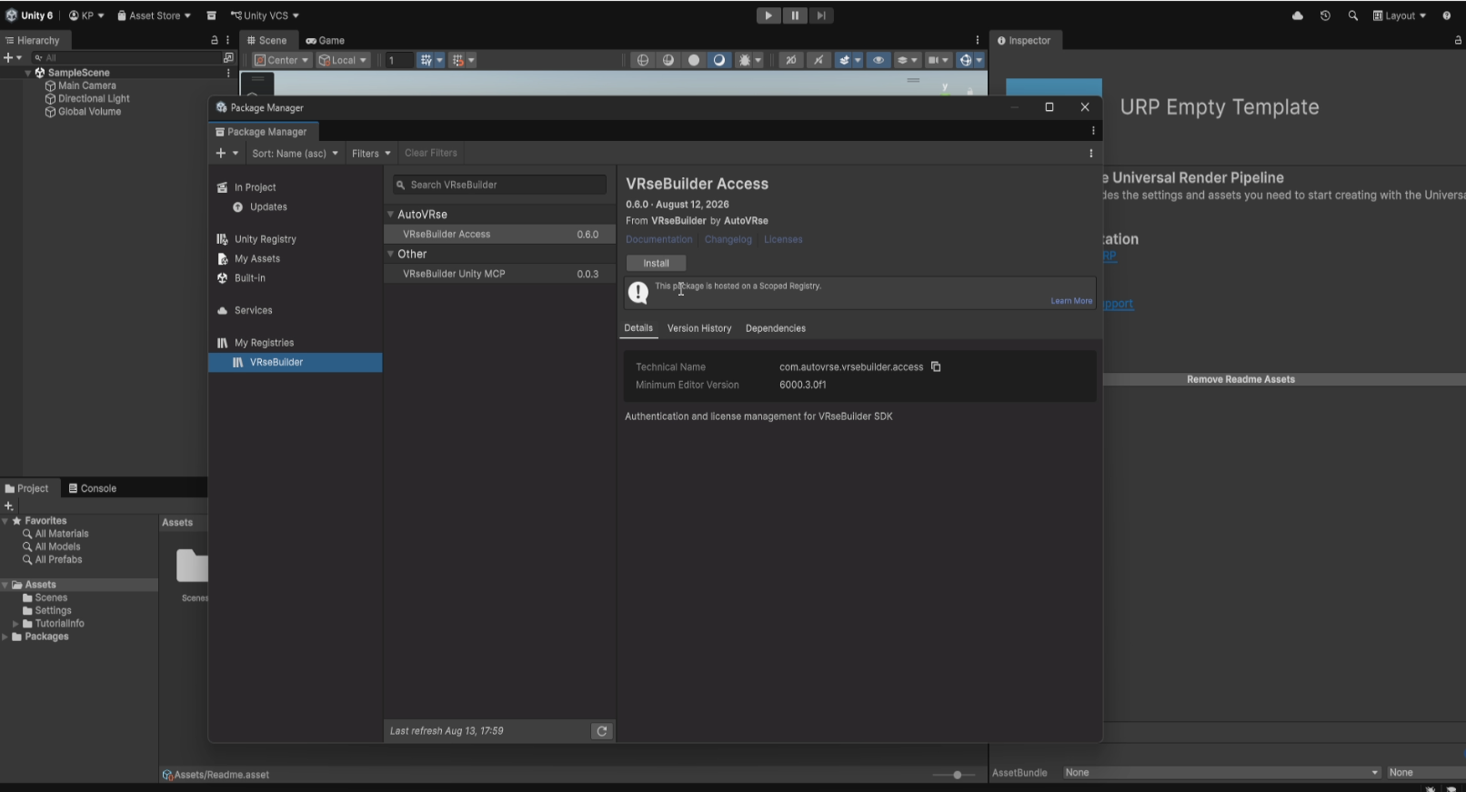 Unity Package Manager showing the VRseBuilder Access package