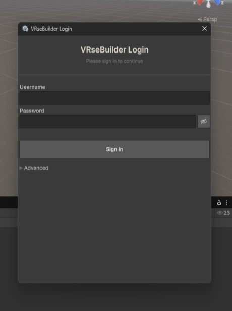 VRseBuilder Login window in Unity